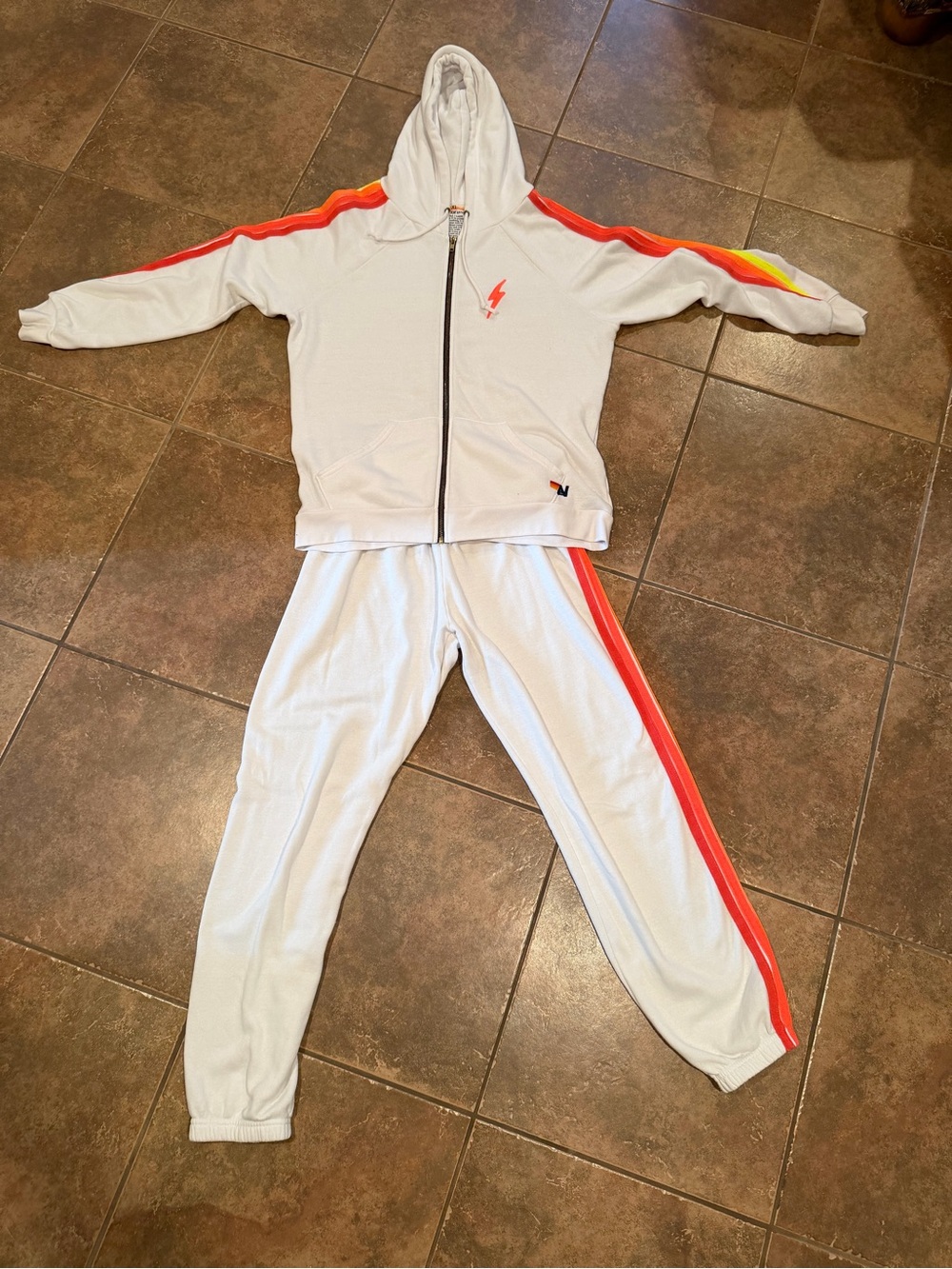 Aviator Nation White Hoodie & Jogger Set with Neon Stripe (Size: XL)